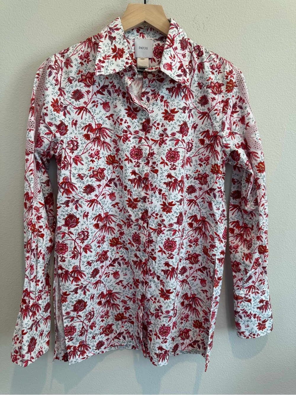 Patou Women’s Red Floral Embroidered Button Down Shirt Cotton Cottagecore Luxury